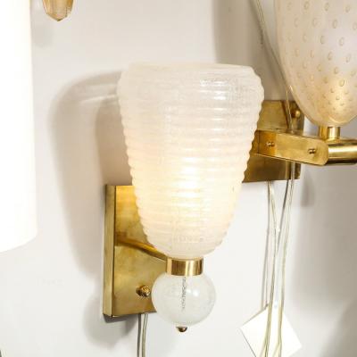 Modernist Handblown Ribbed Murano Sconces w 24 Karat White Gold Flecks