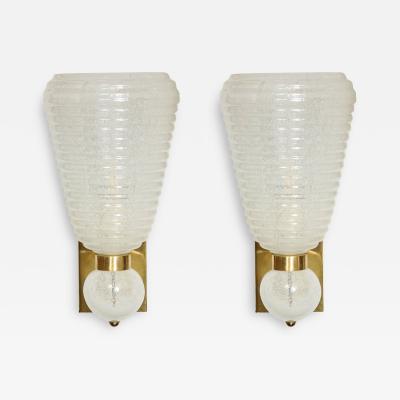 Modernist Handblown Ribbed Murano Sconces w 24 Karat White Gold Flecks