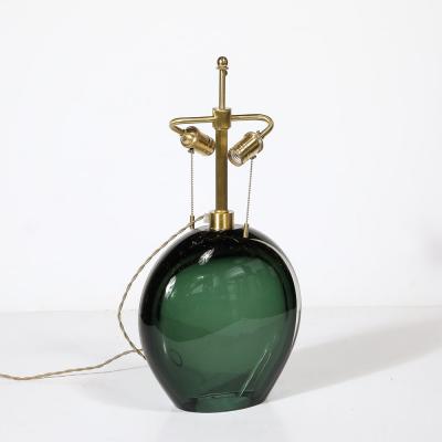 Modernist Handblown Smoked Viridian Green Murano Glass Brass Table Lamps