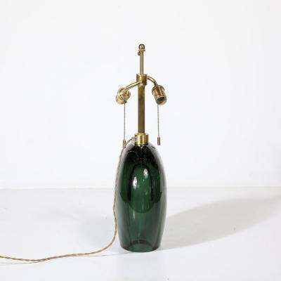 Modernist Handblown Smoked Viridian Green Murano Glass Brass Table Lamps