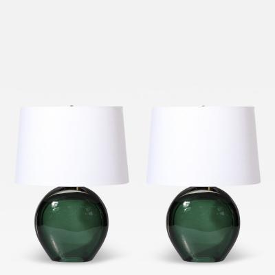 Modernist Handblown Smoked Viridian Green Murano Glass Brass Table Lamps