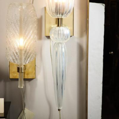 Modernist Iridescent Handblown Murano Glass Brass Sconces w Elongated Drop