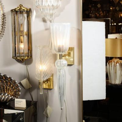 Modernist Iridescent Handblown Murano Glass Brass Sconces w Elongated Drop