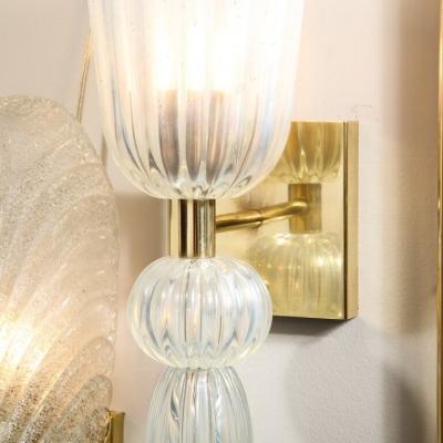 Modernist Iridescent Handblown Murano Glass Brass Sconces w Elongated Drop