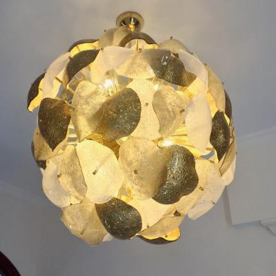 Modernist Italian Gold Silver White Scavo Murano Glass Round Leaf Chandelier