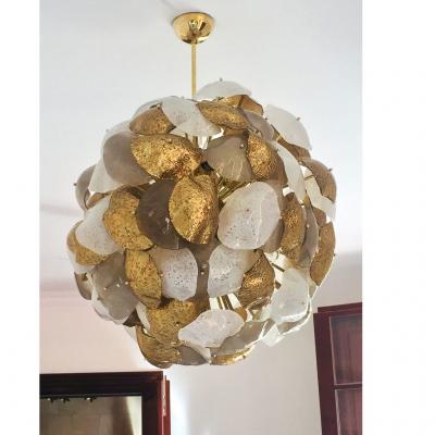 Modernist Italian Gold Silver White Scavo Murano Glass Round Leaf Chandelier