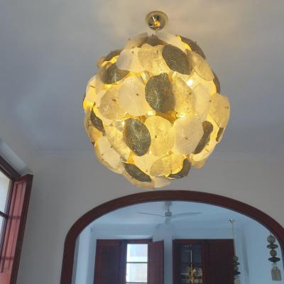 Modernist Italian Gold Silver White Scavo Murano Glass Round Leaf Chandelier
