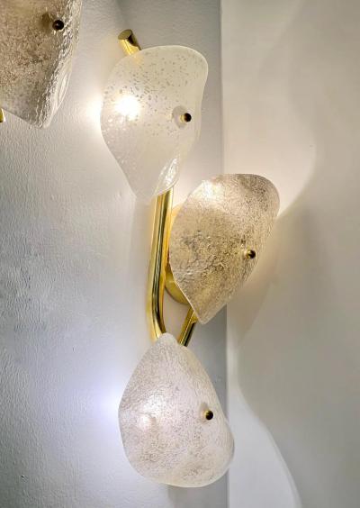 Modernist Italian Murano Glass Gray White Light Beige 3 Leaf Branch Wall Lights