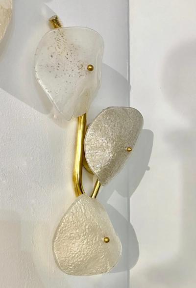 Modernist Italian Murano Glass Gray White Light Beige 3 Leaf Branch Wall Lights