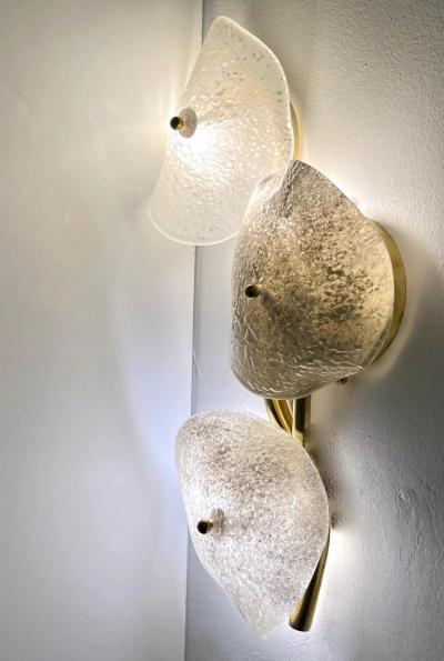 Modernist Italian Murano Glass Gray White Light Beige 3 Leaf Branch Wall Lights