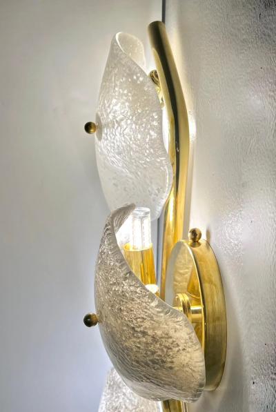 Modernist Italian Murano Glass Gray White Light Beige 3 Leaf Branch Wall Lights