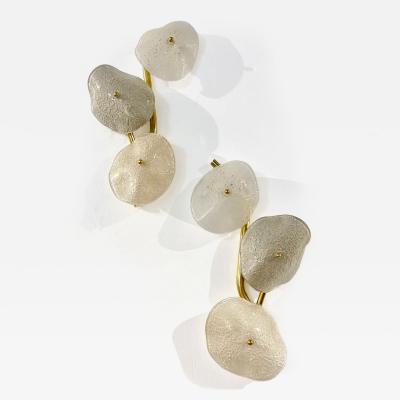 Modernist Italian Murano Glass Gray White Light Beige 3 Leaf Branch Wall Lights