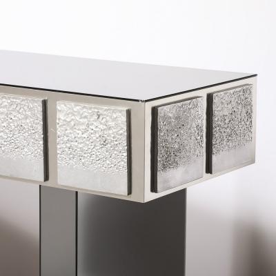 Modernist Mirrored Polished Steel Console Table w Brutalist Tile Motif