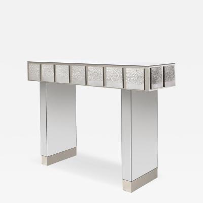 Modernist Mirrored Polished Steel Console Table w Brutalist Tile Motif