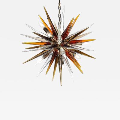 Modernist Mixed Hand Blown Murano Glass Spike Form Sputnik Chandelier w Brass
