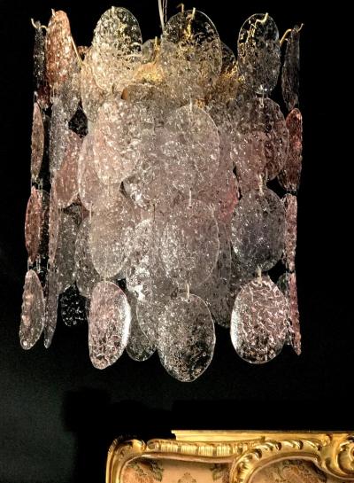 Modernist Murano Glass Pink and Grey Oval Shaped Discs Chandelier 1970