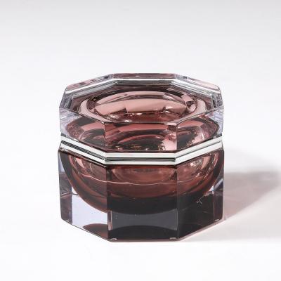 Modernist Octagonal Handblown Murano Glass Box in Smoked Rose W Polished Nickel
