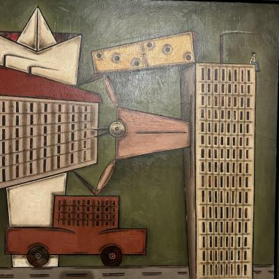 Modernist Oil Painting on Canvas France 1990s