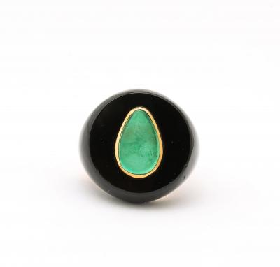 Modernist Onyx Emerald and 18 k Gold Ring