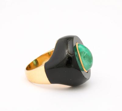 Modernist Onyx Emerald and 18 k Gold Ring