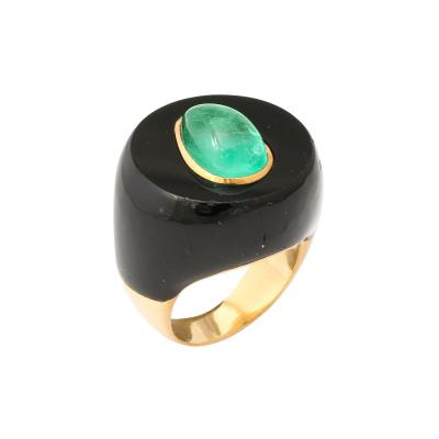 Modernist Onyx Emerald and 18 k Gold Ring