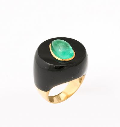 Modernist Onyx Emerald and 18 k Gold Ring
