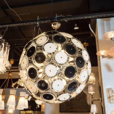 Modernist Polished Chrome Chandelier with Handblown Murano Black and White Discs