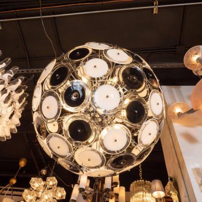 Modernist Polished Chrome Chandelier with Handblown Murano Black and White Discs