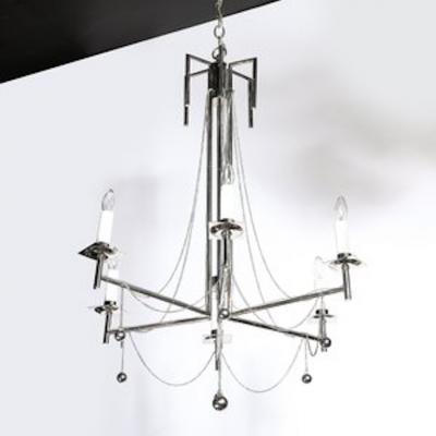 Modernist Polished Nickel Six Arm Chandelier w Chain Spherical Detailing