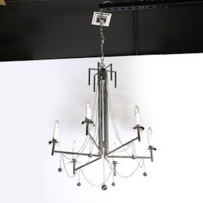 Modernist Polished Nickel Six Arm Chandelier w Chain Spherical Detailing