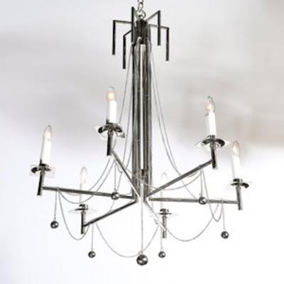 Modernist Polished Nickel Six Arm Chandelier w Chain Spherical Detailing