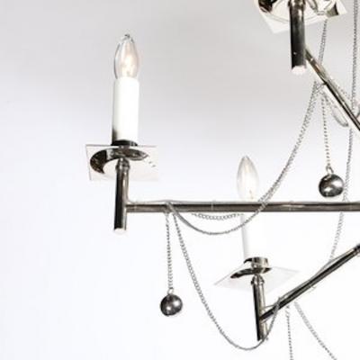 Modernist Polished Nickel Six Arm Chandelier w Chain Spherical Detailing