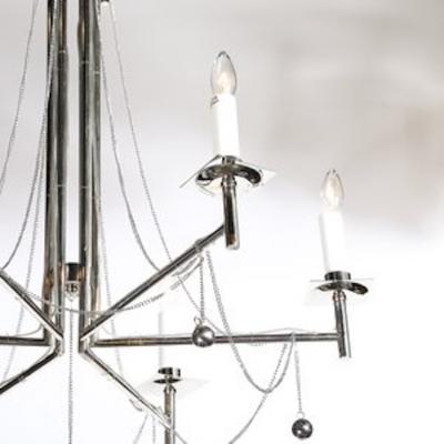 Modernist Polished Nickel Six Arm Chandelier w Chain Spherical Detailing