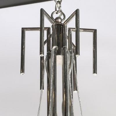 Modernist Polished Nickel Six Arm Chandelier w Chain Spherical Detailing