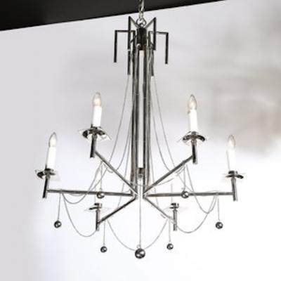 Modernist Polished Nickel Six Arm Chandelier w Chain Spherical Detailing