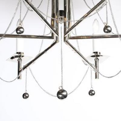 Modernist Polished Nickel Six Arm Chandelier w Chain Spherical Detailing