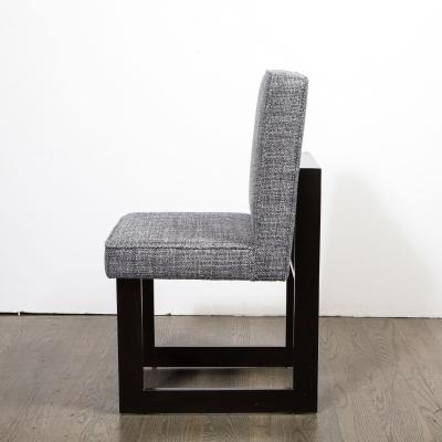 Modernist Rectilinear Ebonized Walnut and Textural Gray Woven Fabric Side Chair