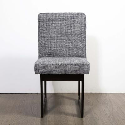 Modernist Rectilinear Ebonized Walnut and Textural Gray Woven Fabric Side Chair