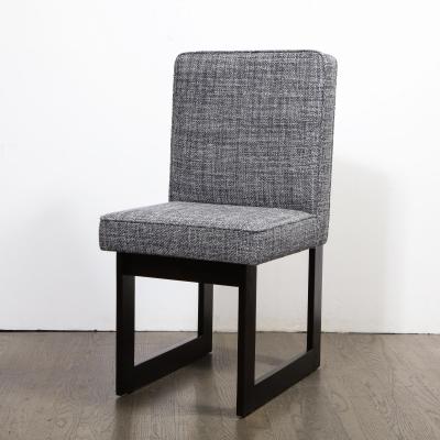 Modernist Rectilinear Ebonized Walnut and Textural Gray Woven Fabric Side Chair