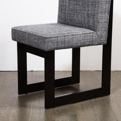 Modernist Rectilinear Ebonized Walnut and Textural Gray Woven Fabric Side Chair