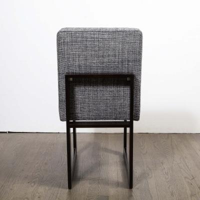 Modernist Rectilinear Ebonized Walnut and Textural Gray Woven Fabric Side Chair