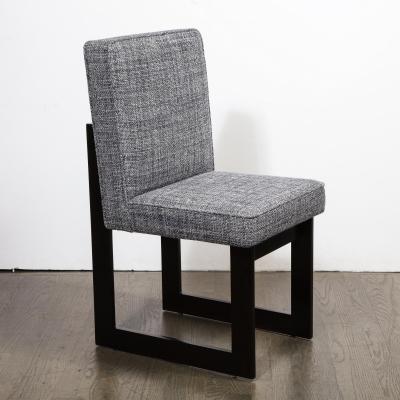 Modernist Rectilinear Ebonized Walnut and Textural Gray Woven Fabric Side Chair