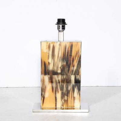 Modernist Rectilinear Table Lamps in Paneled Horn and Polished Nickel