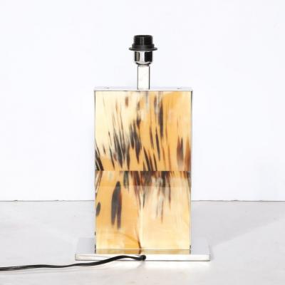 Modernist Rectilinear Table Lamps in Paneled Horn and Polished Nickel