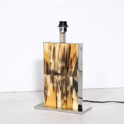 Modernist Rectilinear Table Lamps in Paneled Horn and Polished Nickel