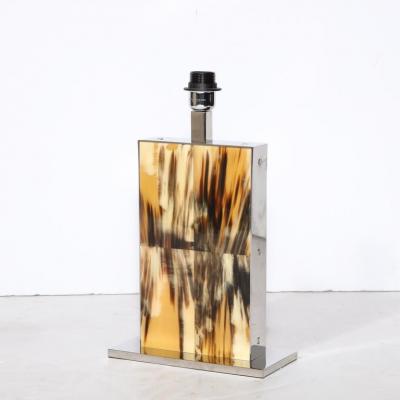 Modernist Rectilinear Table Lamps in Paneled Horn and Polished Nickel