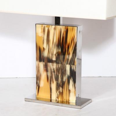 Modernist Rectilinear Table Lamps in Paneled Horn and Polished Nickel