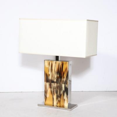 Modernist Rectilinear Table Lamps in Paneled Horn and Polished Nickel