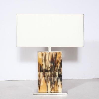 Modernist Rectilinear Table Lamps in Paneled Horn and Polished Nickel
