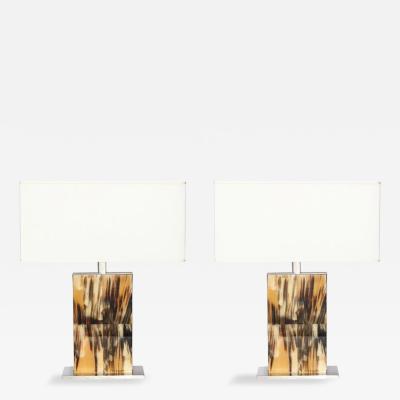 Modernist Rectilinear Table Lamps in Paneled Horn and Polished Nickel